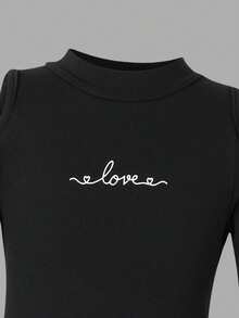 SHEIN Young Girl Solid Color Stand Collar Cutout Shoulder Casual T-Shirt - Black - View 5