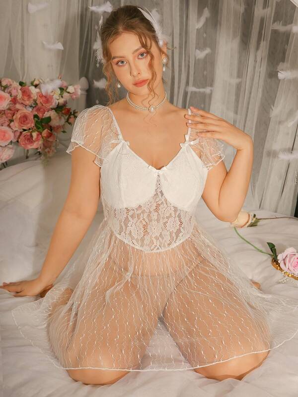 DelicateAllure Plus Size Sexy Spaghetti Strap Mesh Nightgown