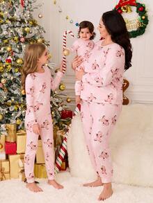 SHEIN Tween Girls Casual Homewear Crew Neck Long Sleeve Pajama Set - Pink - View 7