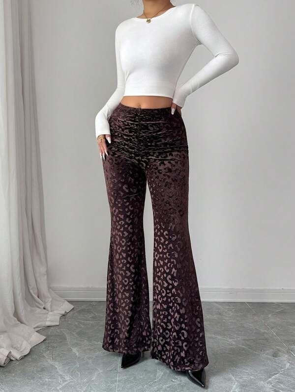 SHEIN Elenzya Women's Elegant French Style Casual Leopard Print Pleated Slim Fit Flare Pants, Suitable For 20-35+ Women For Daily, Office, Holiday, And Date Wear, Autumn/Winter
