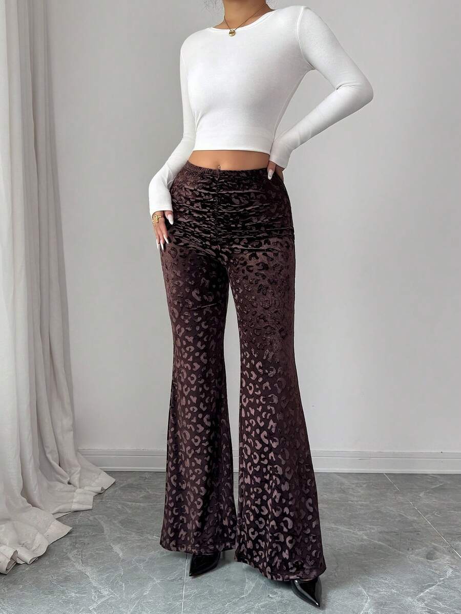 SHEIN Elenzya Women's Elegant French Style Casual Leopard Print Pleated Slim Fit Flare Pants, Suitable For 20-35+ Women For Daily, Office, Holiday, And Date Wear, Autumn/Winter