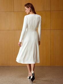 MOTF PREMIUM WOMEN'S ELEGANT COMMUTER RHINESTONE LACE PATCHWORK DRESS - White - View 3