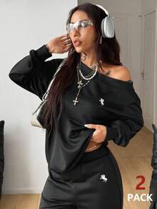 Coolane 女式秋冬基本款针织纯黑色宽松露肩不对称领口长袖运动衫和喇叭裤健身套装，两件套服装 - 黑色 - 查看 3