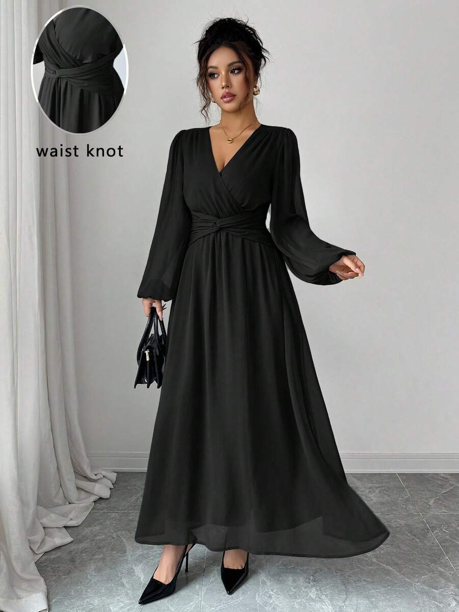 Elenzga Váy xếp ly voan cổ điển thanh lịch dành cho nữ, xếp ly chéo, eo xoắn, dáng chữ A, tay bồng, thích hợp cho tiệc trà chiều, tiệc tùng, phong cách đường phố vào mùa xuân, thu đông - màu đen - Xem 1