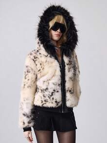 ROMWE EDITION Jaqueta Básica Feminina Oversized Com Capuz E Estampa De Leopardo, Estilo Retrô Y2K, Com Blocos De Cores. - Caqui - Ver 8