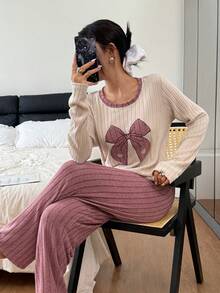 SHEIN Dam stickad ribbad fleece med fjärilsbroderi och rund halsringning, avslappnad långärmad pyjamasset - Multifärgad - Visa 6