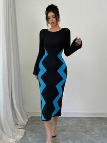 Elenzga Vestido de punto elegante de manga larga y cuello redondo con rayas onduladas, ajustado, para mujer en otoño/invierno - Azul - Ver 4