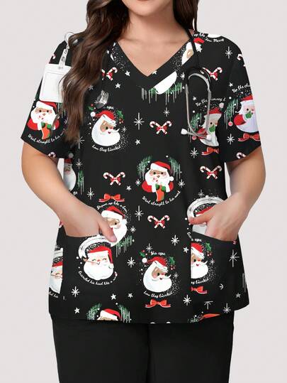 PopScrub 圣诞老人和拐杖糖卡通印花大码女式V领短袖口袋磨砂上衣