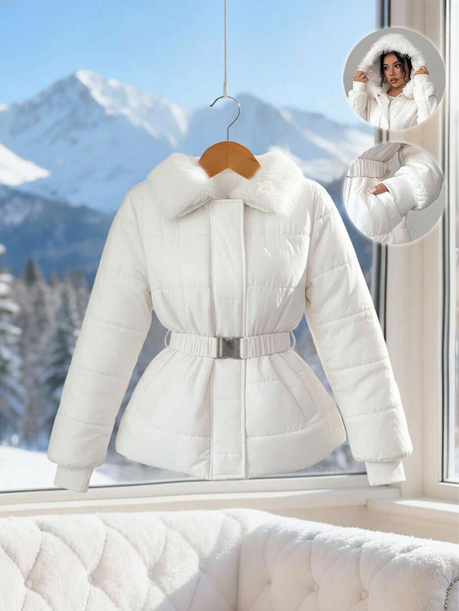 GlowEve 女式优雅连帽束腰简约纯色流苏长袖棉服外套,秋冬 - 米色 - 查看 1