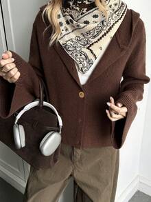 Livesso Áo len hoodie dệt kim nữ vai trễ tay dài cài nút trước phong cách thời trang thường ngày, mùa thu đi học - màu nâu - Xem 4
