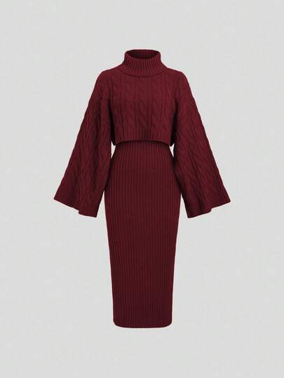 Sweetra Dámský ležérní pletený set ze 2 kusů svetru a dlouhé sukně, volný střih, rolák s dlouhým rukávem, zkrácený top a sukně, podzim/zima