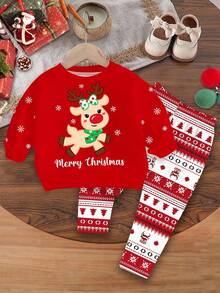 SHEIN 女婴可爱搞笑卡通圣诞驯鹿柔软厚圆领长袖运动衫和紧身裤套装，适合秋冬圣诞节 - 彩色 - 查看 2