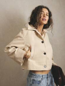 Aralina 秋冬季撞色纽扣宽松翻领毛毡夹克，宽袖带口袋，时尚优雅，保暖百搭，适合外出穿着。 - 卡其色 - 查看 2