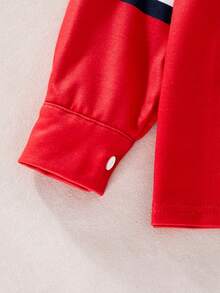 SHEIN Casuvi Young Boys 2-Piece Set, Polo Collar Long Sleeve Top & Solid Pants, Sporty Casual Striped Outfit For Daily Wear, Vacation, Back To School, Autumn - Red - View 5