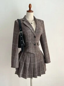 SHEIN PETITE 小号千鸟格仿羊毛毡束腰短外套和 A 字褶裙女士套装，秋冬 - 彩色 - 查看 3