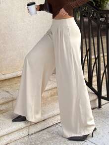 Siren Gaze Pantalones anchos plisados de unicolor, pantalones elegantes de oficina para dama, maestras, mujeres en otoño/invierno - Albaricoque - Ver 4