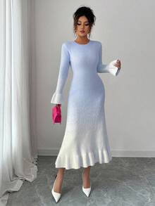 Selianne Vestido de punto midi elegante con cuello redondo, diseño único degradado, volantes en el bajo y los puños, para mujer, versátil para citas y uso diario, nuevo para otoño/invierno - Azul - Ver 3