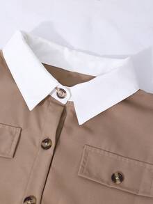 Teen Girl Autumn/Winter Waist Belt Splice Half-Button Lapel Jumpsuit, Casual Minimalist Elegant Daily Comfortable - Khaki - View 7