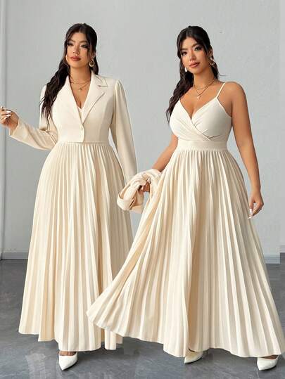 Elenzga Bộ 2 món áo khoác blazer công sở thanh lịch tối giản dành cho nữ cỡ lớn kèm váy xếp ly không tay có thắt lưng