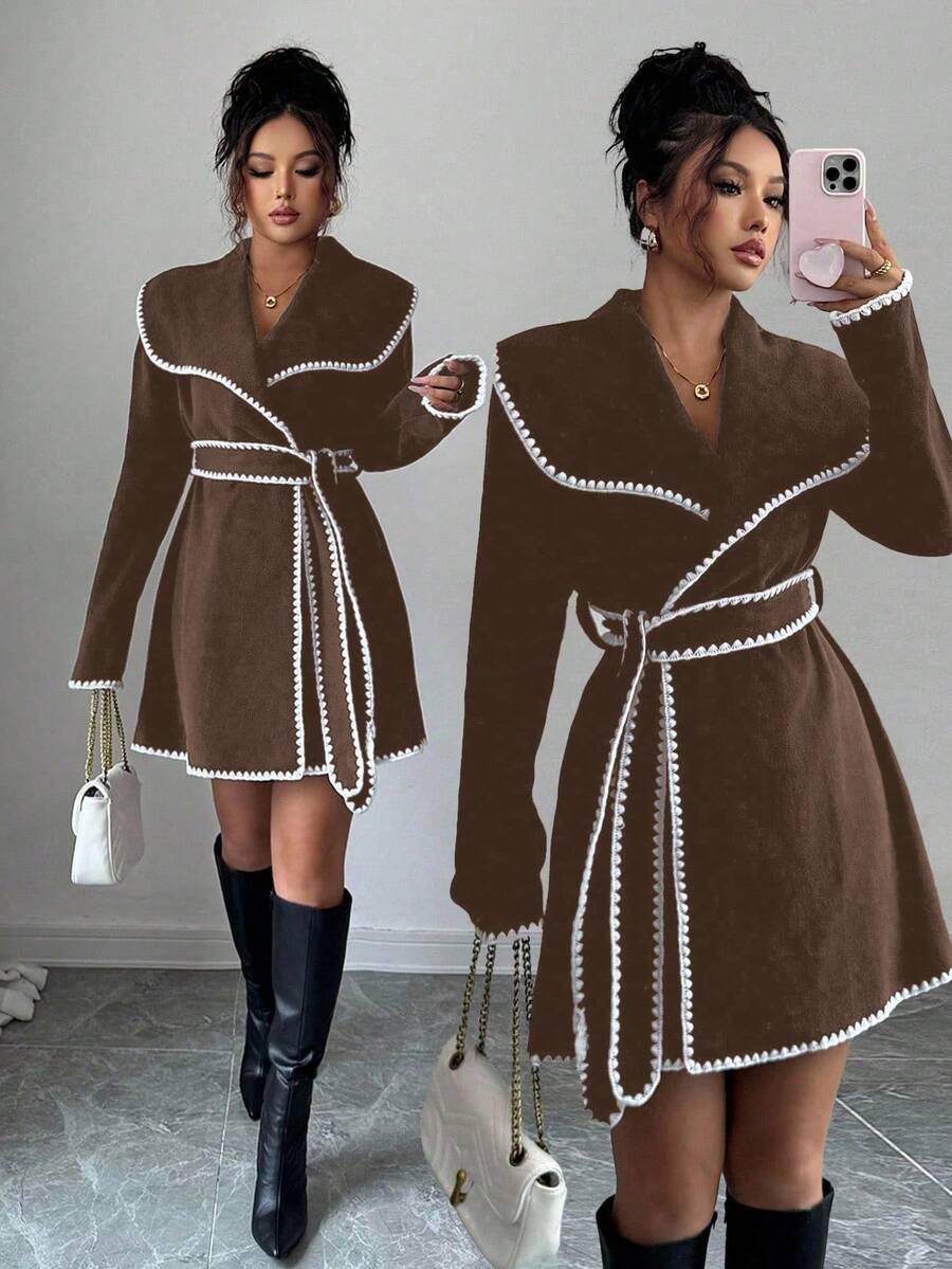 Elenzga Women's Fashionable Color Block Trim Jacket, Autumn/Winter - Brown - View 1