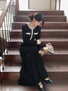 DAZY 女式拼色圆领长袖针织毛衣裙，秋冬