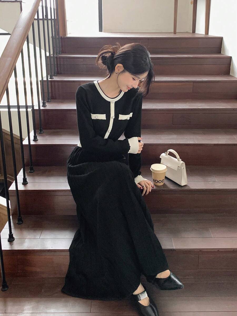 DAZY 女式拼色圆领长袖针织毛衣裙，秋冬