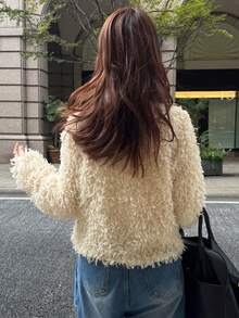 FRIFUL 女士纯色杏色圆领长袖蓬松宽松休闲套头卫衣，秋冬款 - 杏色 - 查看 7