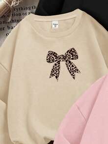 SHEIN Leap Crew 三件套复古奶油色、米白色、黑色豹纹爱心、豹纹蝴蝶结、字母图案少女休闲宽松圆领长袖卫衣，适合秋冬季穿着。 - 彩色 - 查看 6