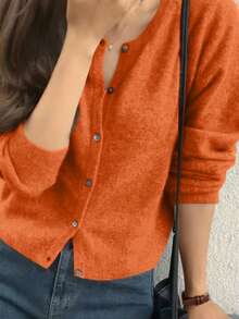 INAWLY Women's Casual Solid Color Button Front Cardigan, Autumn/Winter - Orange - View 3