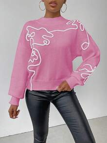 SHEIN LUNE 女式撞色图案高领长袖毛衣 - 淺粉色 - 查看 6