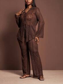 Veslaya Party Exclusive 2025 New Women's Plus Size Sexy/Party/Club/Nightclub Lace Sheer Bodycon Brown Khaki Lapel Tie-Up Flare Sleeve Cardigan With Elastic Waist Wide Leg Long Pants 2-Piece Set CaramelCore Brown Two Piece Set Women Blouse And Pants Set Elegant 2 Piece Set Pant Suit Set - Coffee Brown - View 8