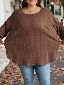 SHEIN CURVE+ 大码休闲长袖T恤，采用纹理面料，弧形下摆设计，适合秋冬季节穿着。 - 駝色 - 查看 4