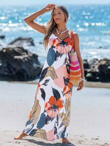 Sylviya 女士度假休闲花卉植物印花吊带长裙，太阳裙，度假装 - 彩色 - 查看 3