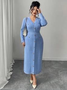 SHEIN Lacomfia Váy dệt kim màu trơn thanh lịch cỡ lớn có nút phía trước - Màu xanh lam - Xem 6