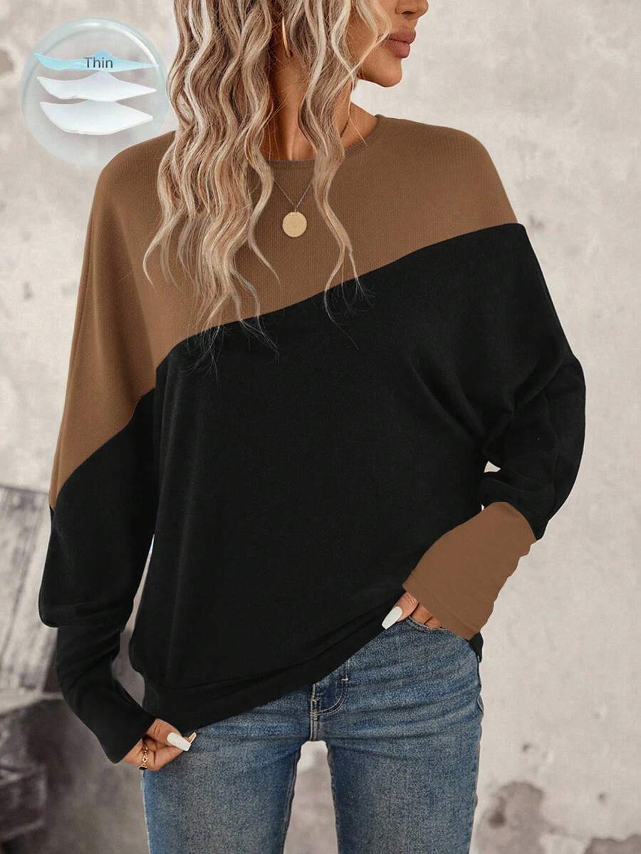 SHEIN LUNE بلوزة رياضية بأكمام خفافيش ذات لونين، مناسبة لحفل التخرج والمعلمين وعودة المدارس في فصل الخريف/الشتاء، بأكمام طويلة للنساء في فصل الشتاء - بني مخاوي - مشاهدة 1