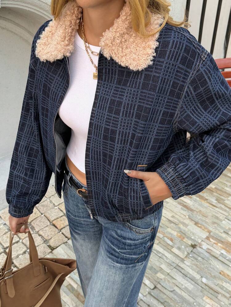 Women's Autumn/Winter Furry Collar Patchwork Loose Street Casual Denim Jacket And Coat Y2k