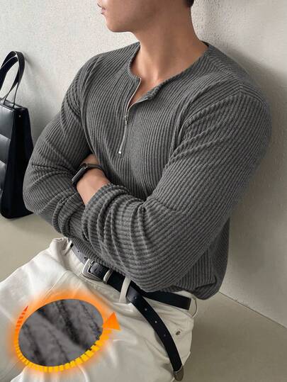 DAZY 男式纯色半拉链羊毛 T 恤，炭灰色，秋冬