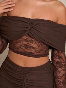Glamine Bộ 2 món áo ren dài tay hở vai gợi cảm thanh lịch và chân váy maxi đuôi cá phối ren cho nữ - Cà phê nâu - Xem 5