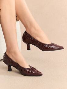 Rosivie Women's Pointed Toe Ruched Kitten Heel Flats, Elegant & Comfortable French Style Slip-On Shoes, Suitable For All Seasons - Coffee Brown - View 1