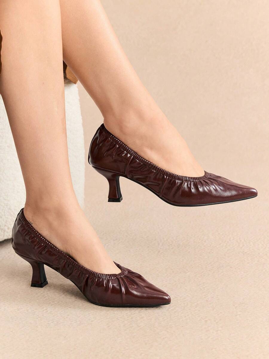 Rosivie Women's Pointed Toe Ruched Kitten Heel Flats, Elegant & Comfortable French Style Slip-On Shoes, Suitable For All Seasons - Coffee Brown - View 1