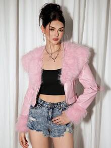 Sweetina 女士粉色可爱甜美人造毛皮拼布皮草大衣 - 淺粉色 - 查看 4