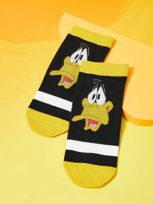 LOONEY TUNES X SHEIN Meias Soquete Femininas com Estampa Cartoon e Listras Contrastantes - Preto - Visão 2