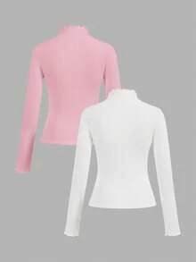 SHEIN EZwear Bộ 2 áo thun tay dài bó sát màu hồng và trắng, thời trang thu đông - Nhiều màu - Xem 2