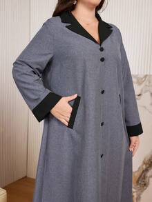 Al Najma Plus Size Casual Color Block Button Decor Long Sleeve Loose Fit Midi Dress, Spring/Autumn - Multicolor - View 1