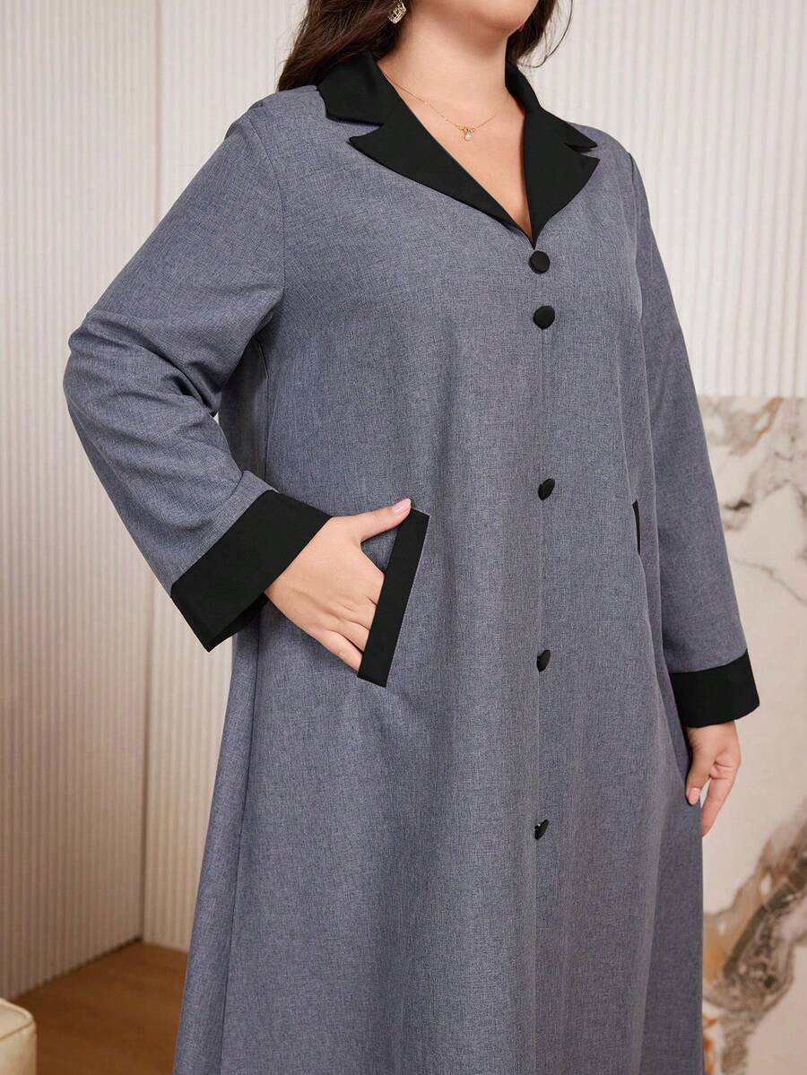 Al Najma Plus Size Casual Color Block Button Decor Long Sleeve Loose Fit Midi Dress, Spring/Autumn - Multicolor - View 1