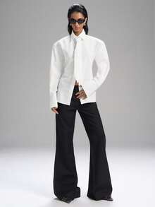 LYSMO Áo sơ mi dài tay cổ bẻ, thắt lưng, đệm vai cỡ lớn màu trắng tối giản mới 2025 dành cho nữ, phù hợp mặc hàng ngày, đi làm, trang phục công sở, phong cách học sinh, thời trang thành thị - trắng - Xem 6