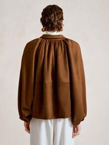 SHEIN Stylify Women's Suede Thermal Lined Jacket,All Shades Of Brown,Autumn,Elegant,Everyday Shirt Collar Zip Up Lantern Sleeve Ruched Hem Retro French Streetwear - Coffee Brown - View 2
