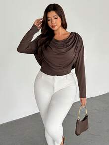Firerie Plus Size Women Elegant Plunging Neck Long Sleeve Mesh Sheer Fitted Sexy Blouse/Plus Size Mesh T-Shirt, Suitable For Valentine's Day, Concert, Performance, Date, Formal Dinner, Prom, Wedding Season, Sexy, Elegant, Commute, Back To School, Vacation, Beach, Romantic, Office Diva, Mermaid Style, Birthday Party Brown Spring - Coffee Brown - View 2