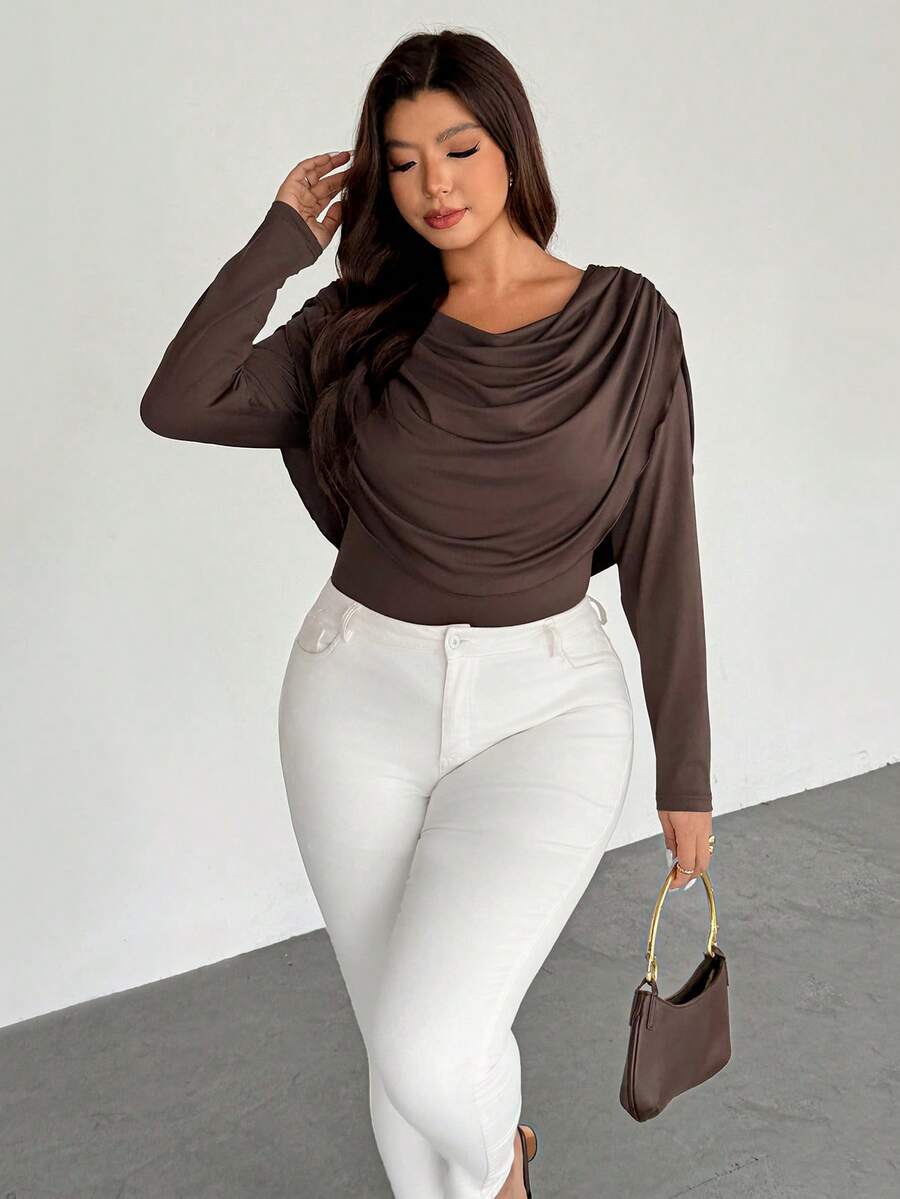 Firerie Plus Size Women Elegant Plunging Neck Long Sleeve Mesh Sheer Fitted Sexy Blouse/Plus Size Mesh T-Shirt, Suitable For Valentine's Day, Concert, Performance, Date, Formal Dinner, Prom, Wedding Season, Sexy, Elegant, Commute, Back To School, Vacation, Beach, Romantic, Office Diva, Mermaid Style, Birthday Party Brown Spring
