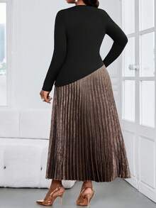 SHEIN Lady Women's Black Autumn Elegant Two Pieces Suit,Formal Evening Wedding Guest Luxury Plus Size Pleated Maxi Skirt & 3D Flower Knitted Round Neck Top - Multicolor - View 2